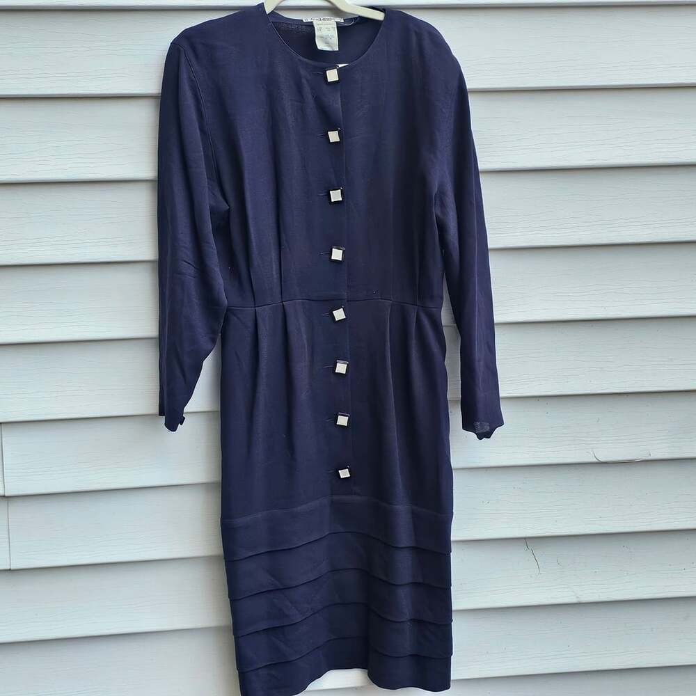 Vintage Guy Laroche Paris Wool Dress US 10 Made France 80s 90s Navy Designer